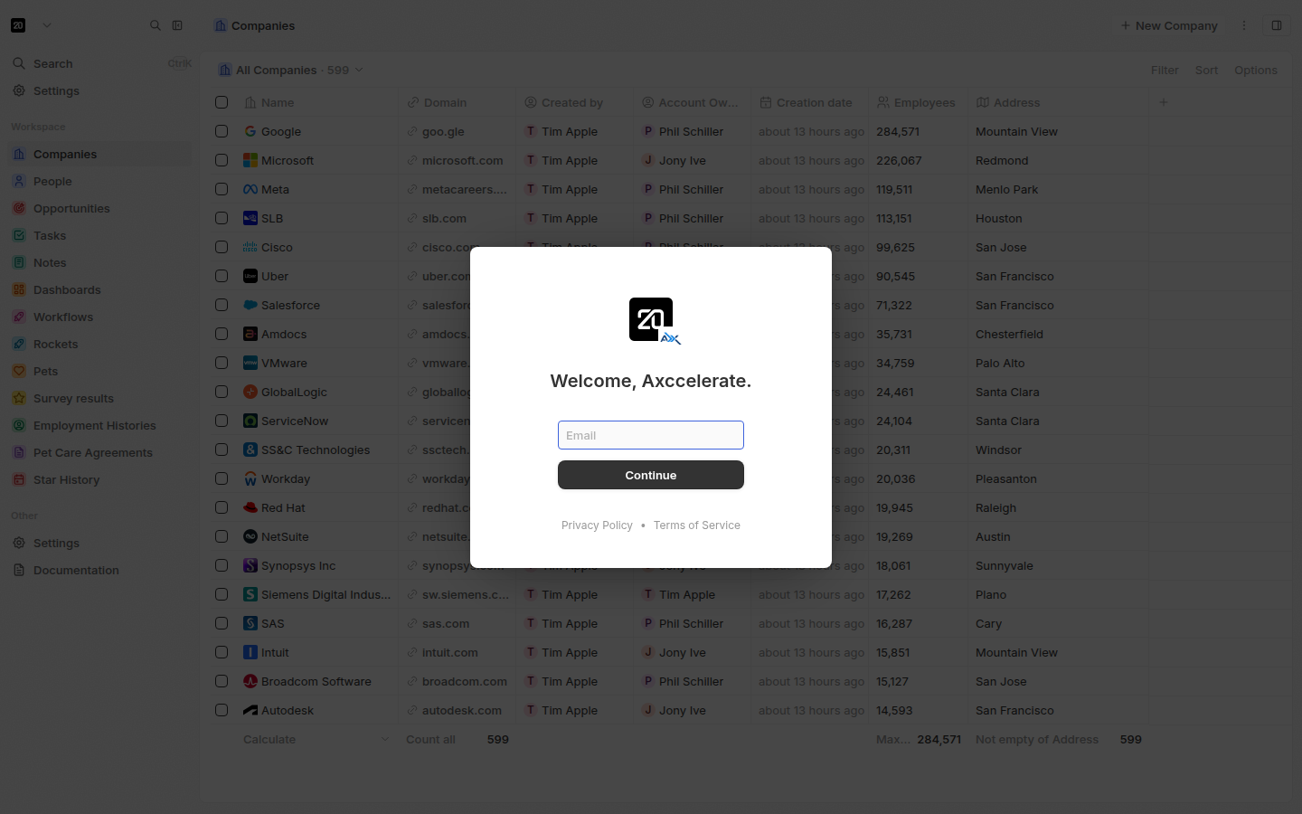 Twenty login screen with Welcome, Axccelerate. heading and email field