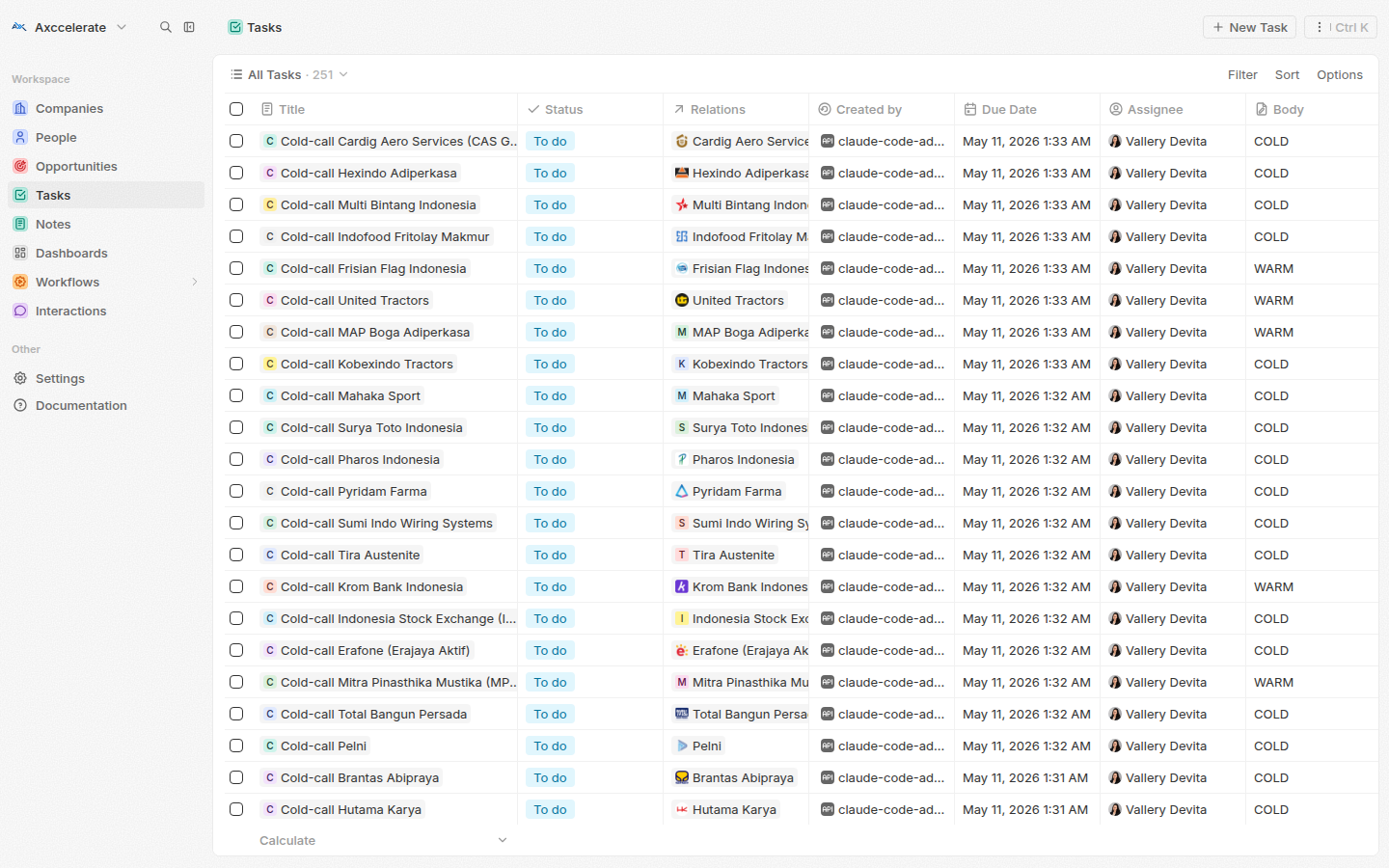 Twenty Tasks list view showing 251 Cold-call tasks assigned to Vallery Devita, all in TODO status