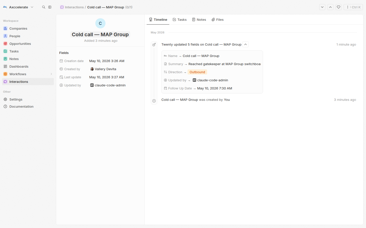 A saved Interaction record titled Cold call — MAP Group with Direction, Summary and Follow Up Date populated, shown in the Timeline